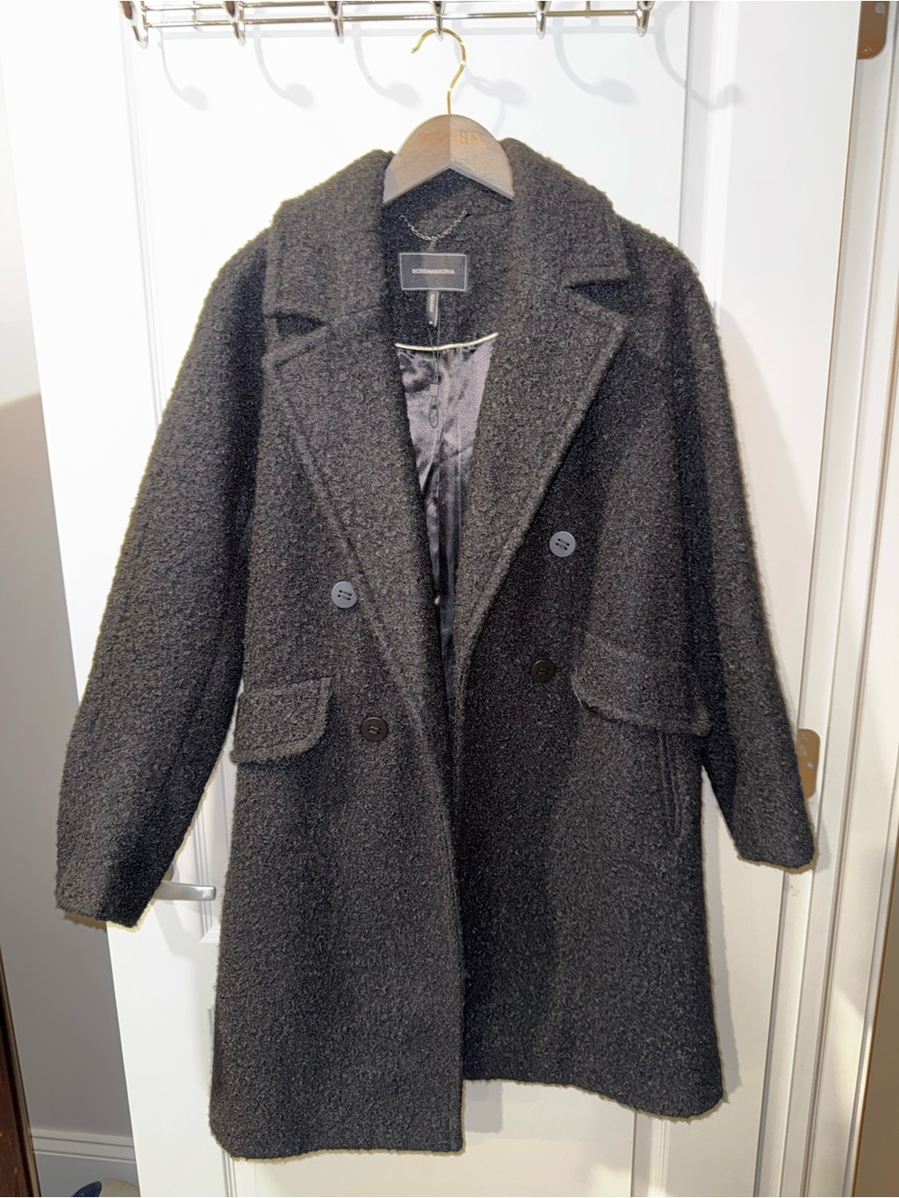 BCBGMaxAzria Black Bouclé Double-Breasted Pea Coat